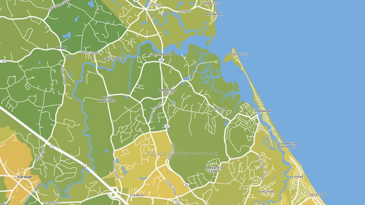 Map of the best neighborhoods in the Marshfield Hills area, with better matches in green and worse matches in red