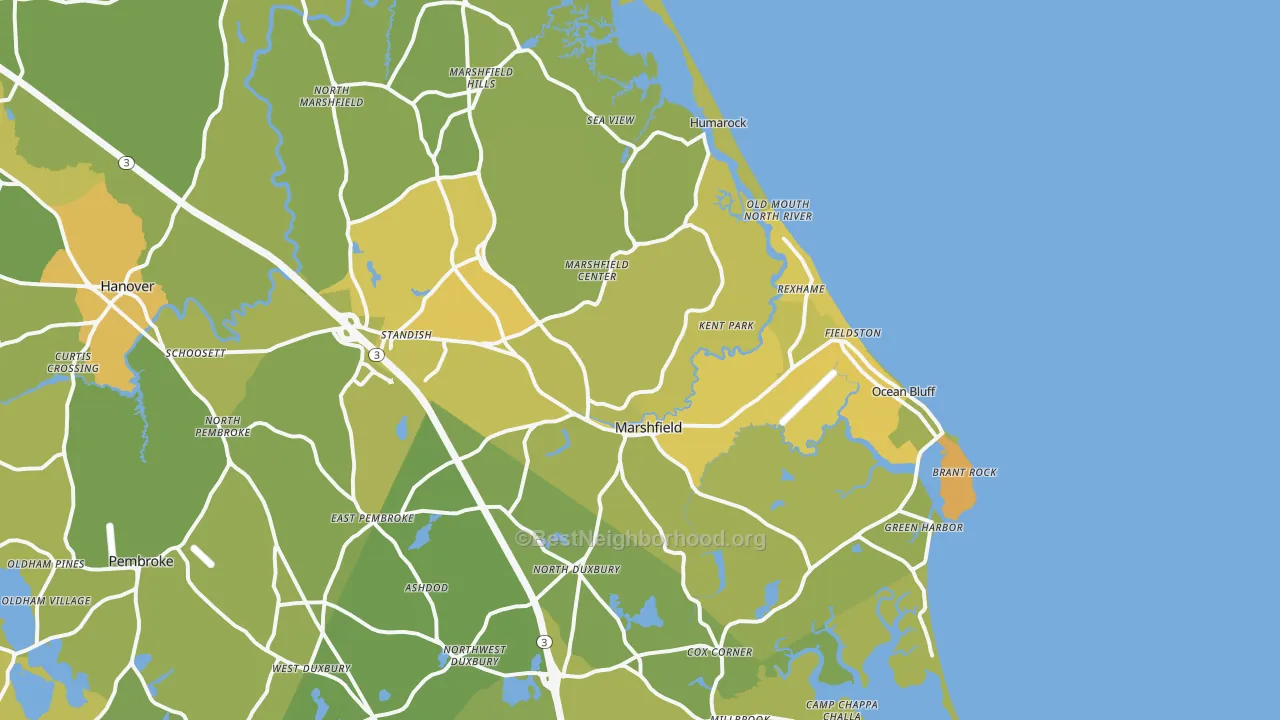 Map of the best neighborhoods in the Marshfield area, with better matches in green and worse matches in red