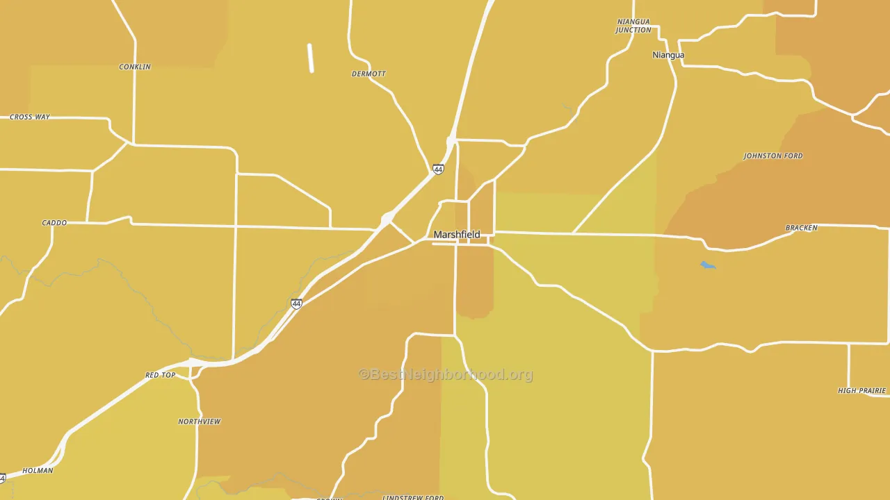 Map of the best neighborhoods in the Marshfield area, with better matches in green and worse matches in red