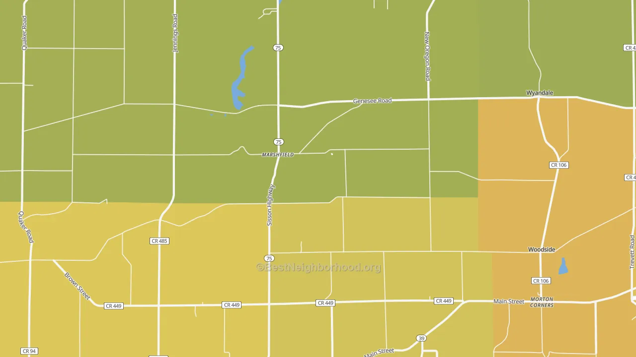 Map of the best neighborhoods in the Marshfield area, with better matches in green and worse matches in red