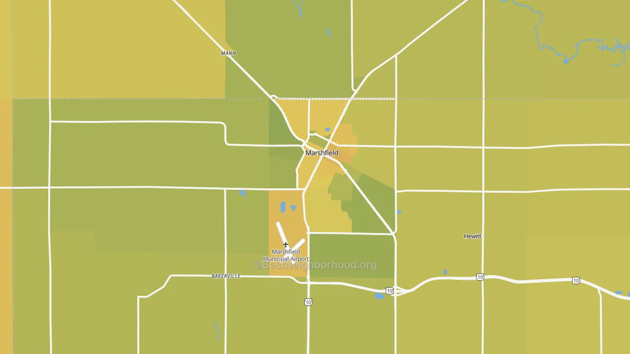 Map of the best neighborhoods in the Marshfield area, with better matches in green and worse matches in red