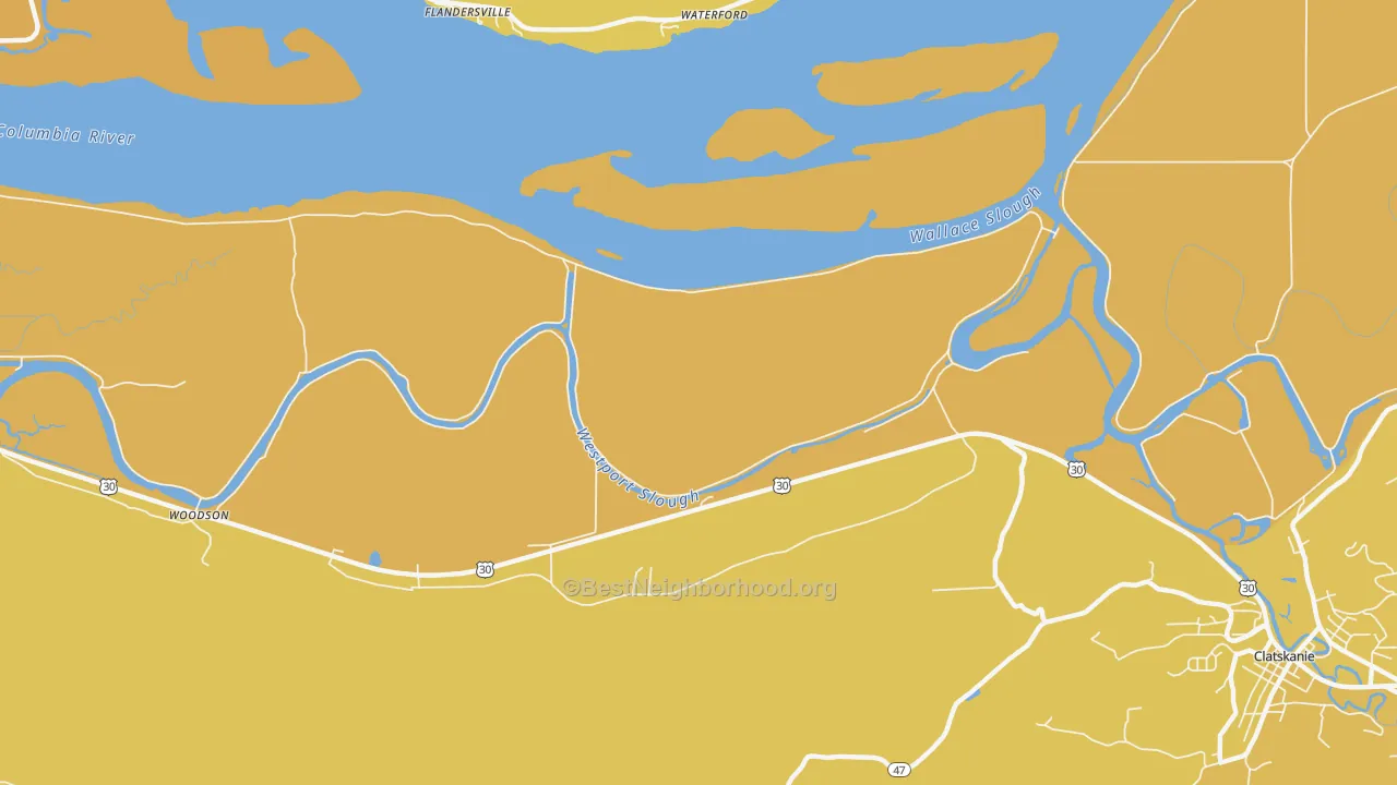 Map of the best neighborhoods in the Marshland area, with better matches in green and worse matches in red