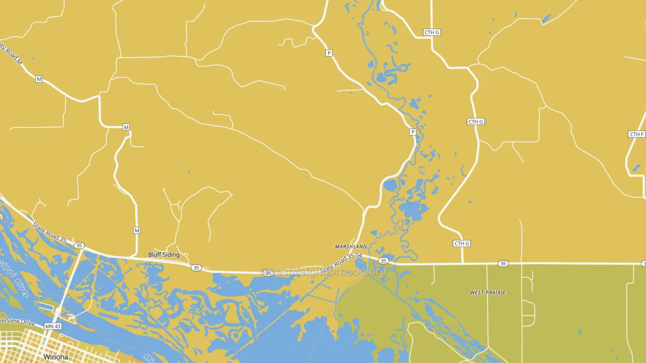 Map of the best neighborhoods in the Marshland area, with better matches in green and worse matches in red