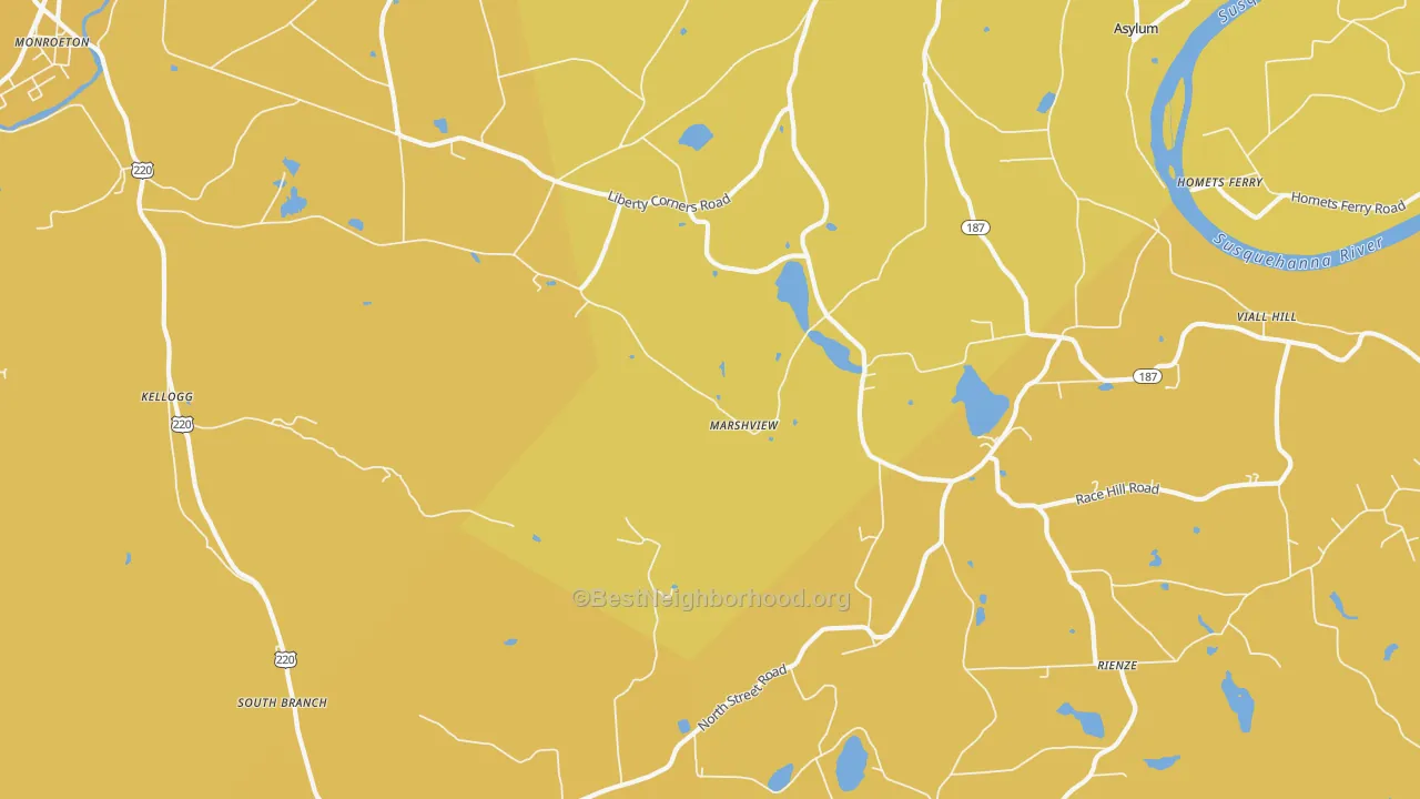 Map of the best neighborhoods in the Marshview area, with better matches in green and worse matches in red