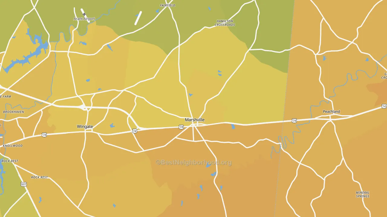 Map of the best neighborhoods in the Marshville area, with better matches in green and worse matches in red