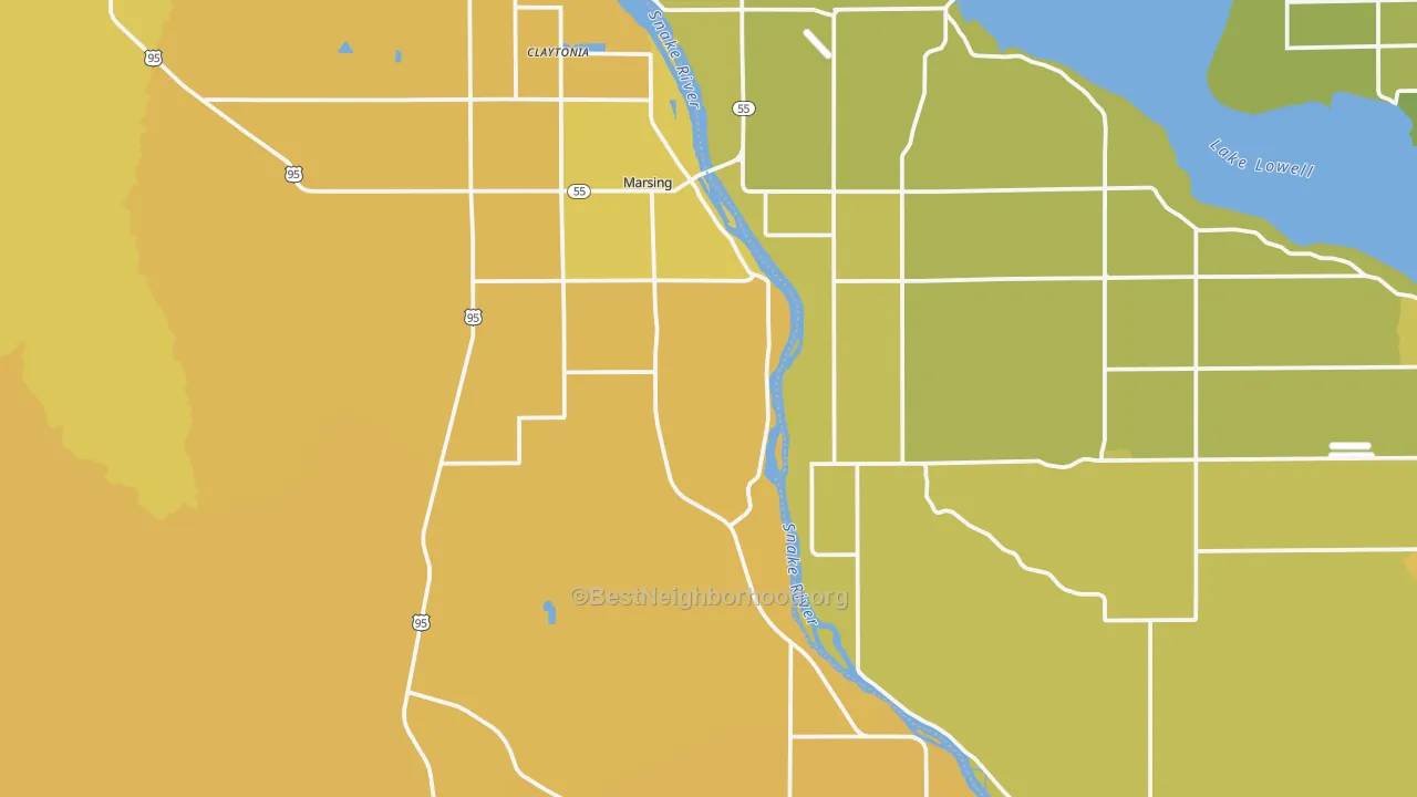 Map of the best neighborhoods in the Marsing area, with better matches in green and worse matches in red