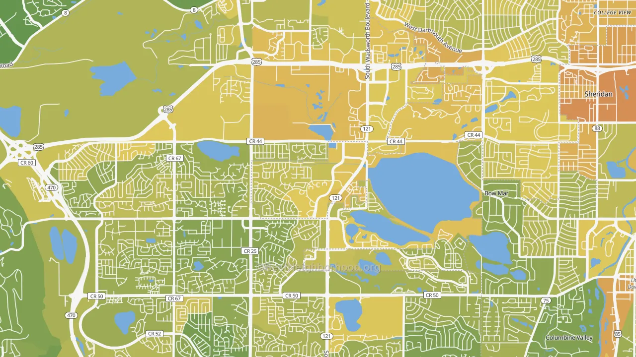 Map of the best neighborhoods in the Marston, Littleton area, with better matches in green and worse matches in red