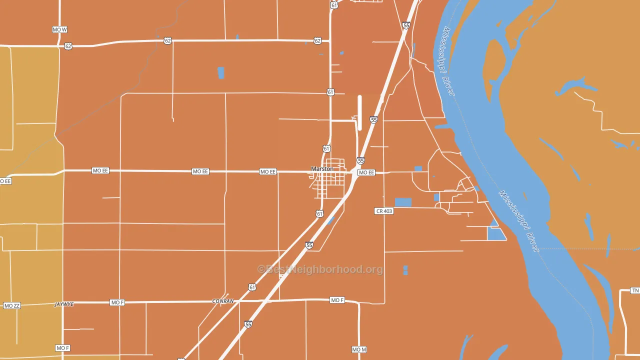 Map of the best neighborhoods in the Marston area, with better matches in green and worse matches in red
