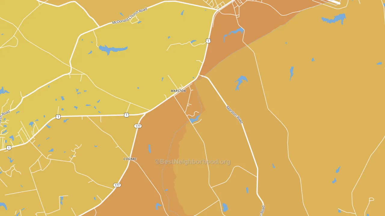 Map of the best neighborhoods in the Marston area, with better matches in green and worse matches in red