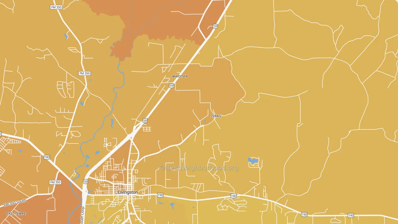Map of the best neighborhoods in the Marston area, with better matches in green and worse matches in red