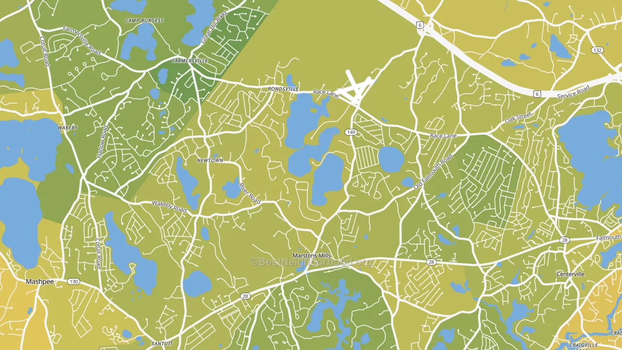Map of the best neighborhoods in the Marstons Mills area, with better matches in green and worse matches in red