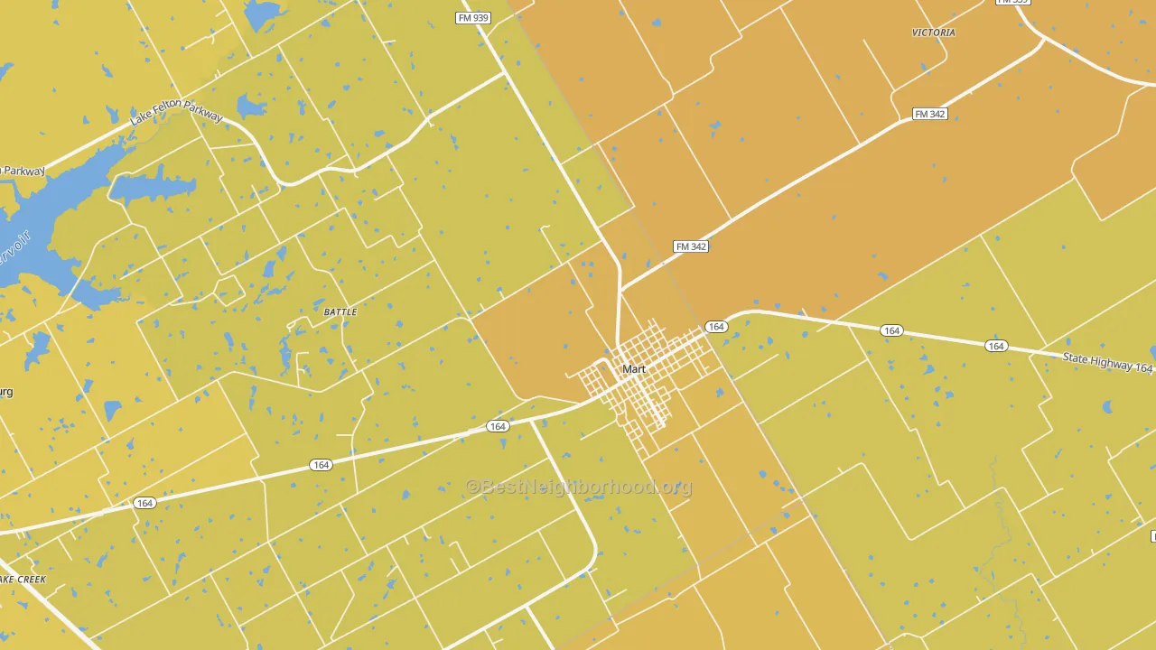 Map of the best neighborhoods in the Mart area, with better matches in green and worse matches in red