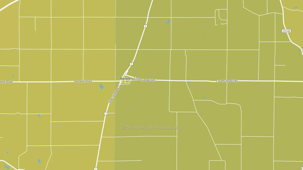 Map of the best neighborhoods in the Martelle area, with better matches in green and worse matches in red