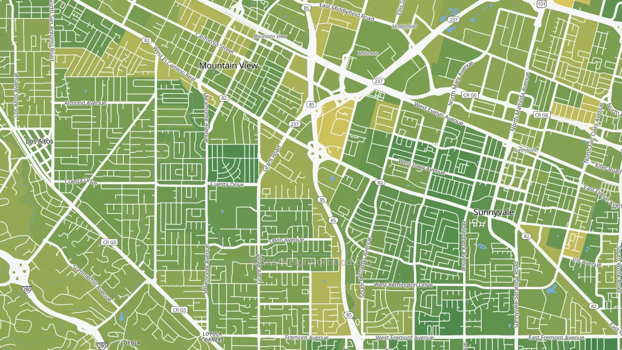 Map of the best neighborhoods in the Martens-Carmelita, Mountain View area, with better matches in green and worse matches in red