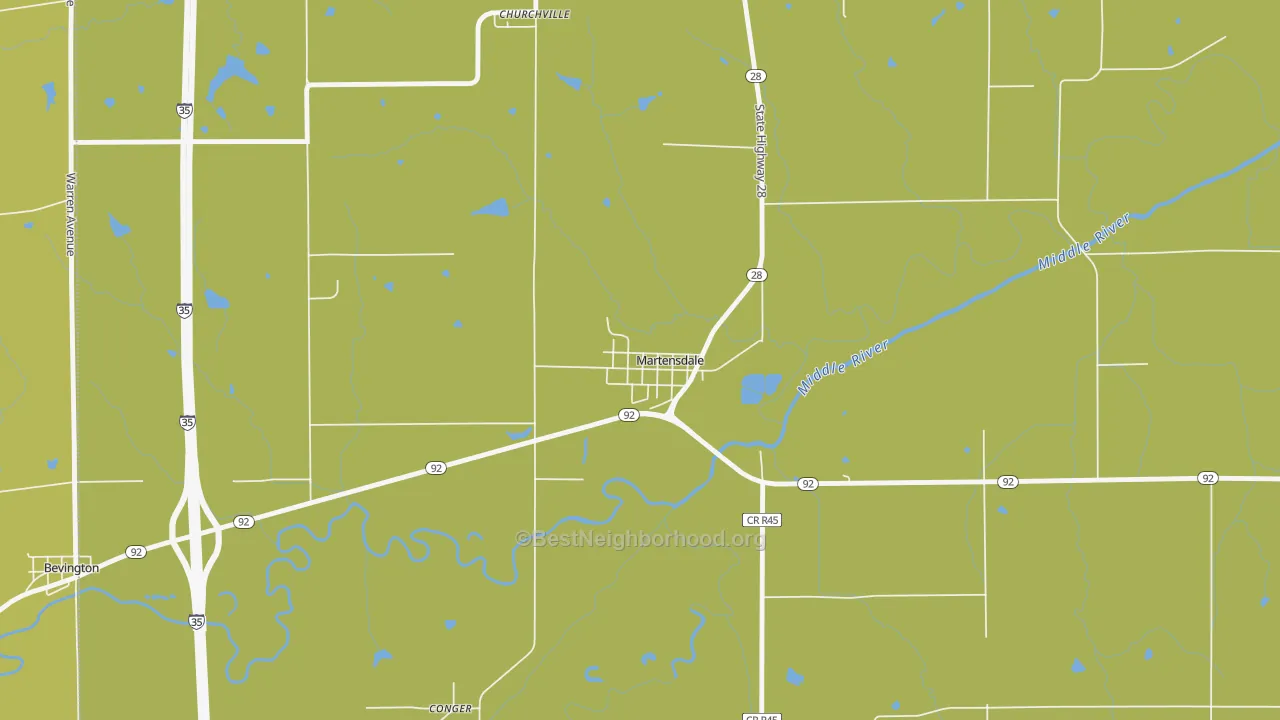 Map of the best neighborhoods in the Martensdale area, with better matches in green and worse matches in red