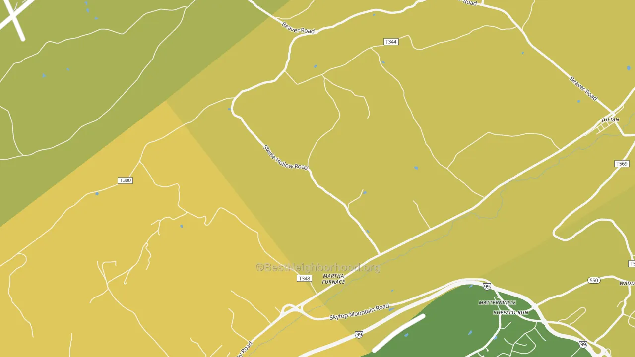 Map of the best neighborhoods in the Martha Furnace area, with better matches in green and worse matches in red