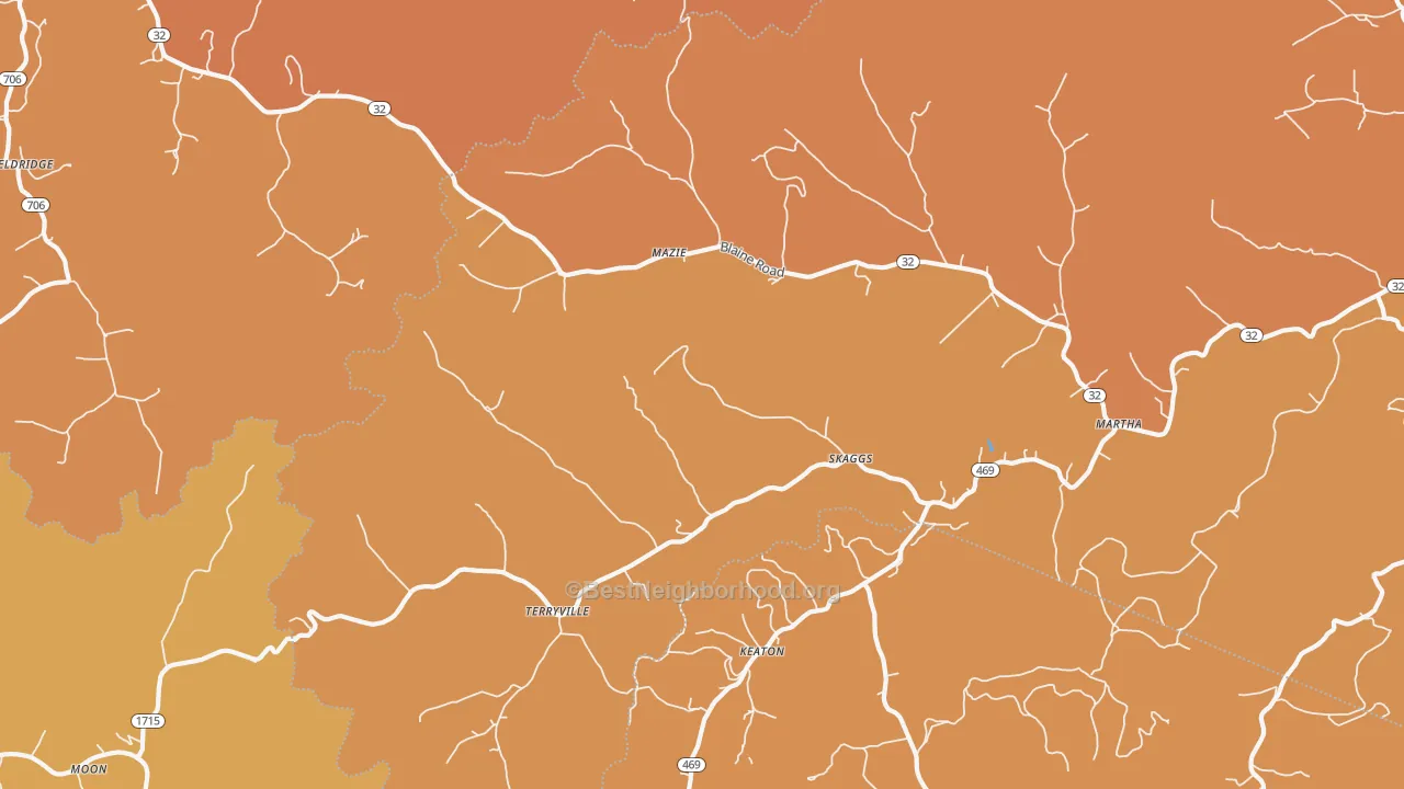 Map of the best neighborhoods in the Martha area, with better matches in green and worse matches in red