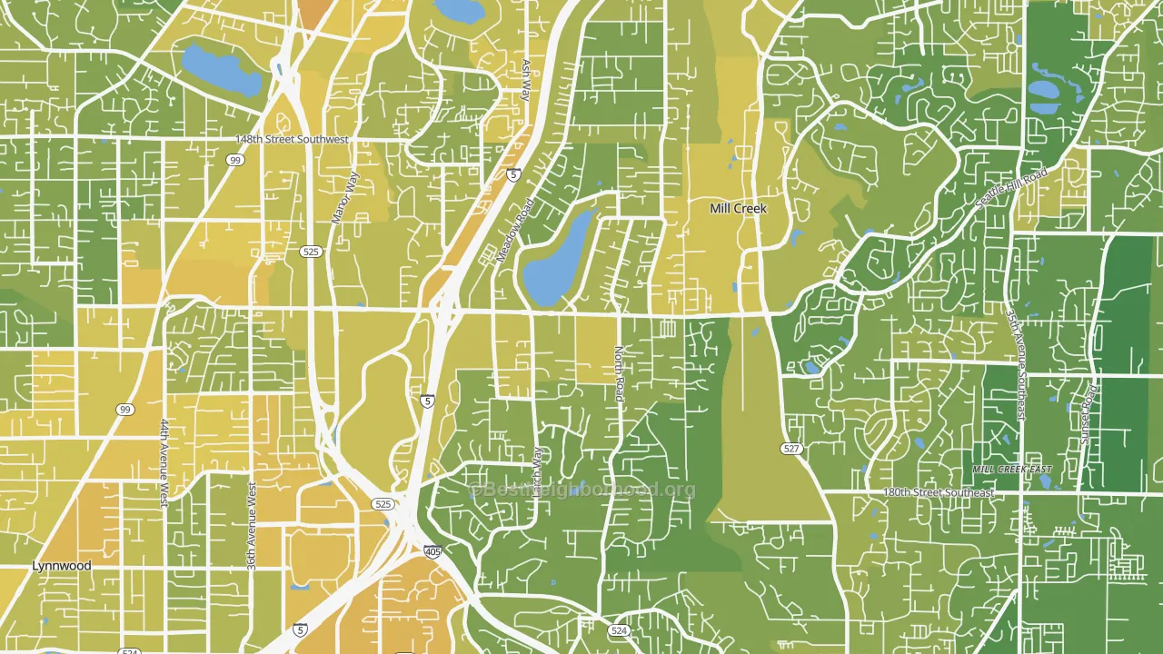 Map of the best neighborhoods in the Martha Lake, Lynnwood area, with better matches in green and worse matches in red
