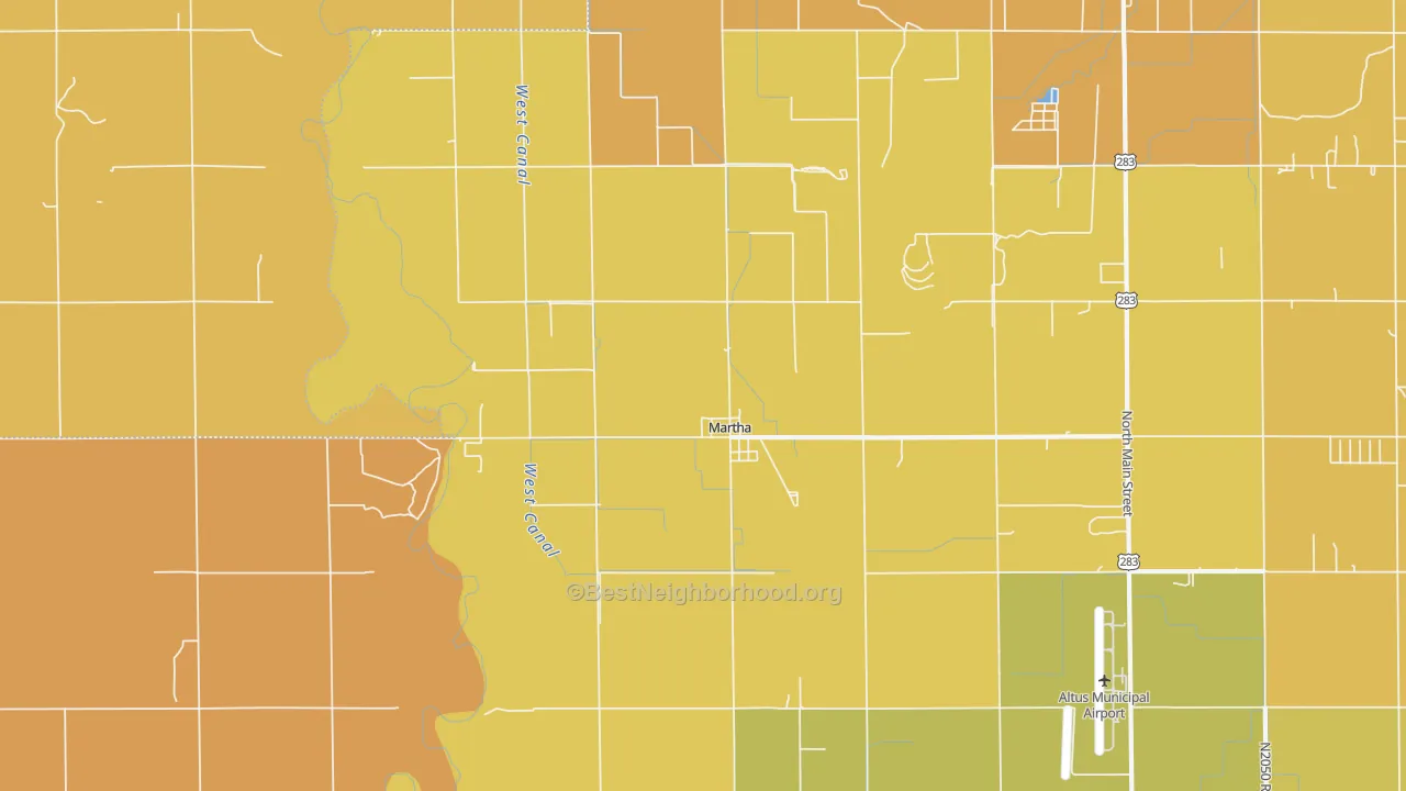 Map of the best neighborhoods in the Martha area, with better matches in green and worse matches in red