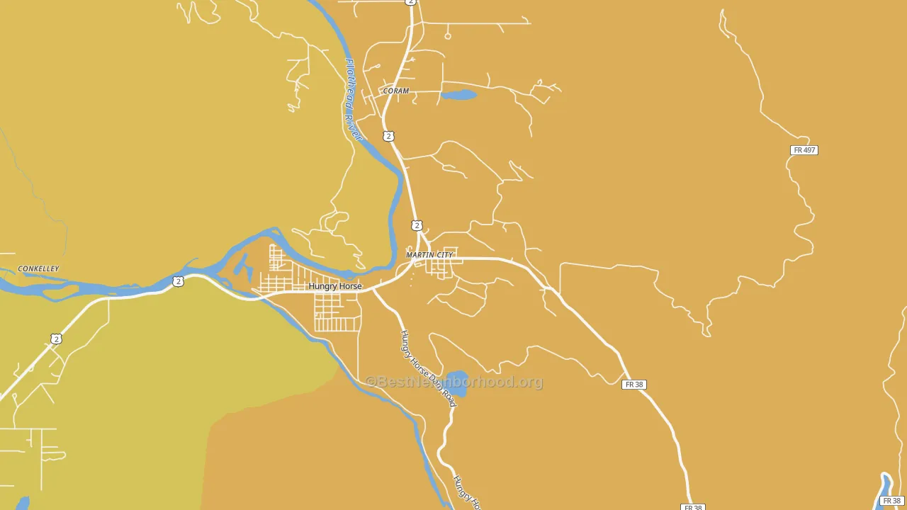 Map of the best neighborhoods in the Martin City area, with better matches in green and worse matches in red