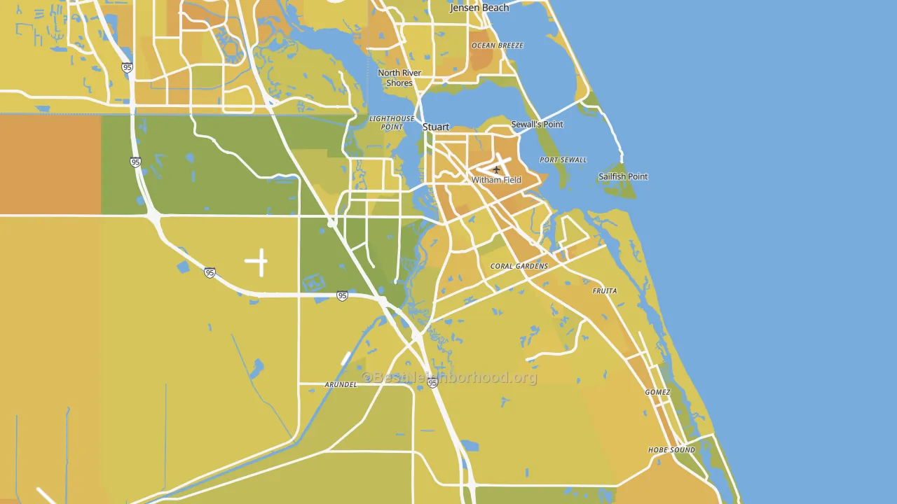 Map of the best neighborhoods in the Martin County area, with better matches in green and worse matches in red