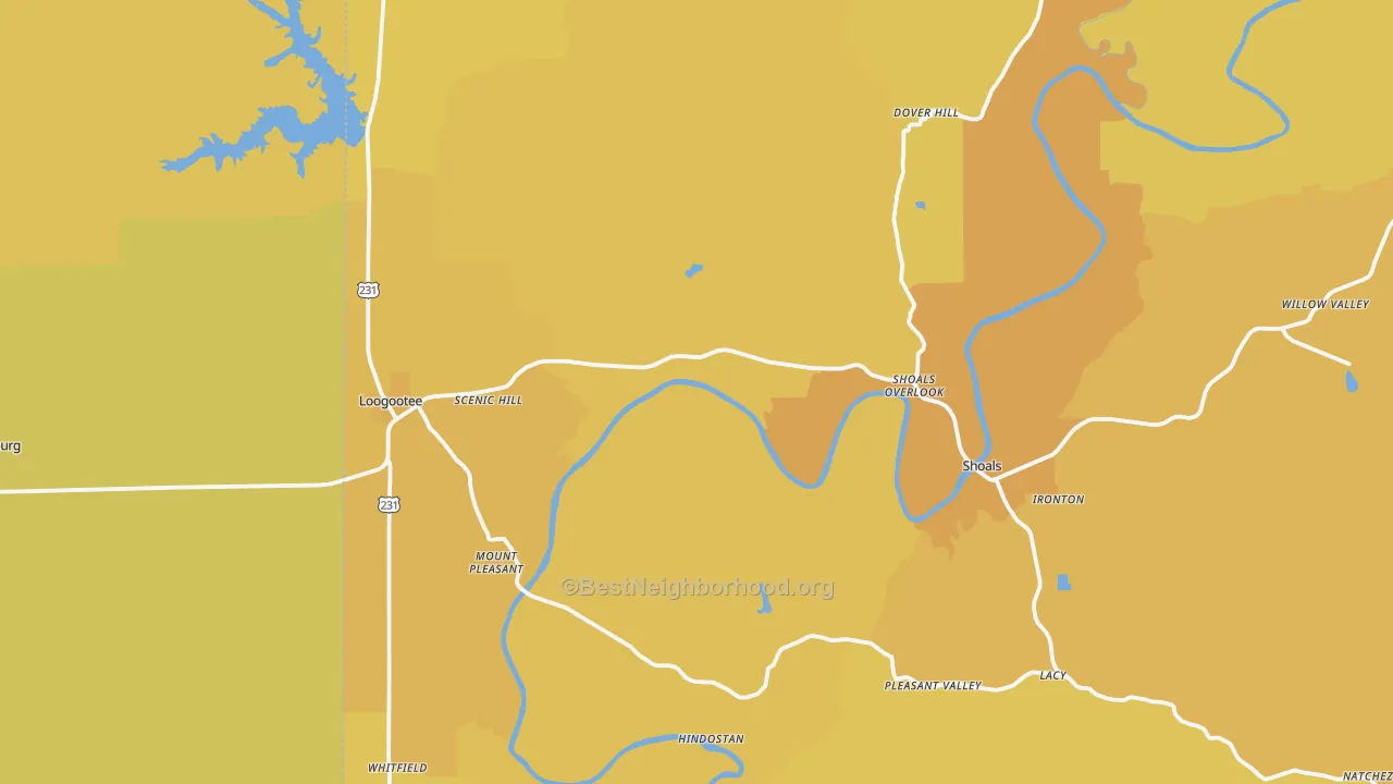 Map of the best neighborhoods in the Martin County area, with better matches in green and worse matches in red