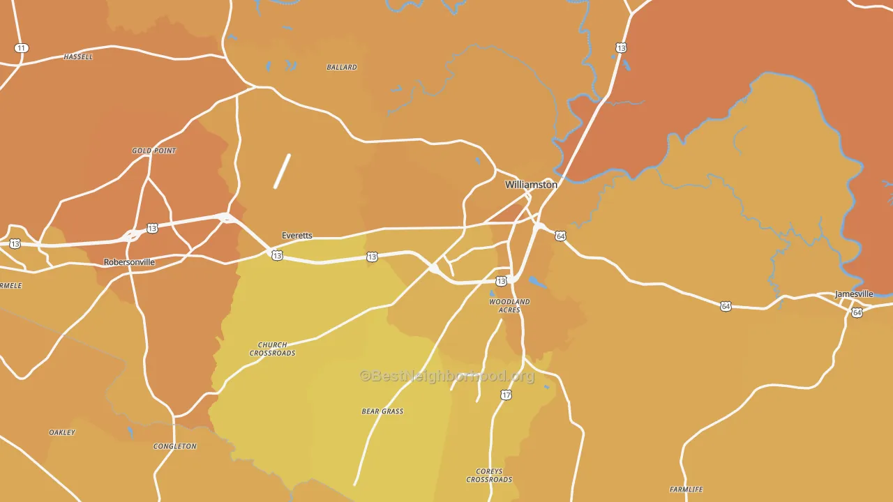 Map of the best neighborhoods in the Martin County area, with better matches in green and worse matches in red