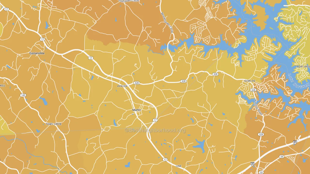 Map of the best neighborhoods in the Martin area, with better matches in green and worse matches in red