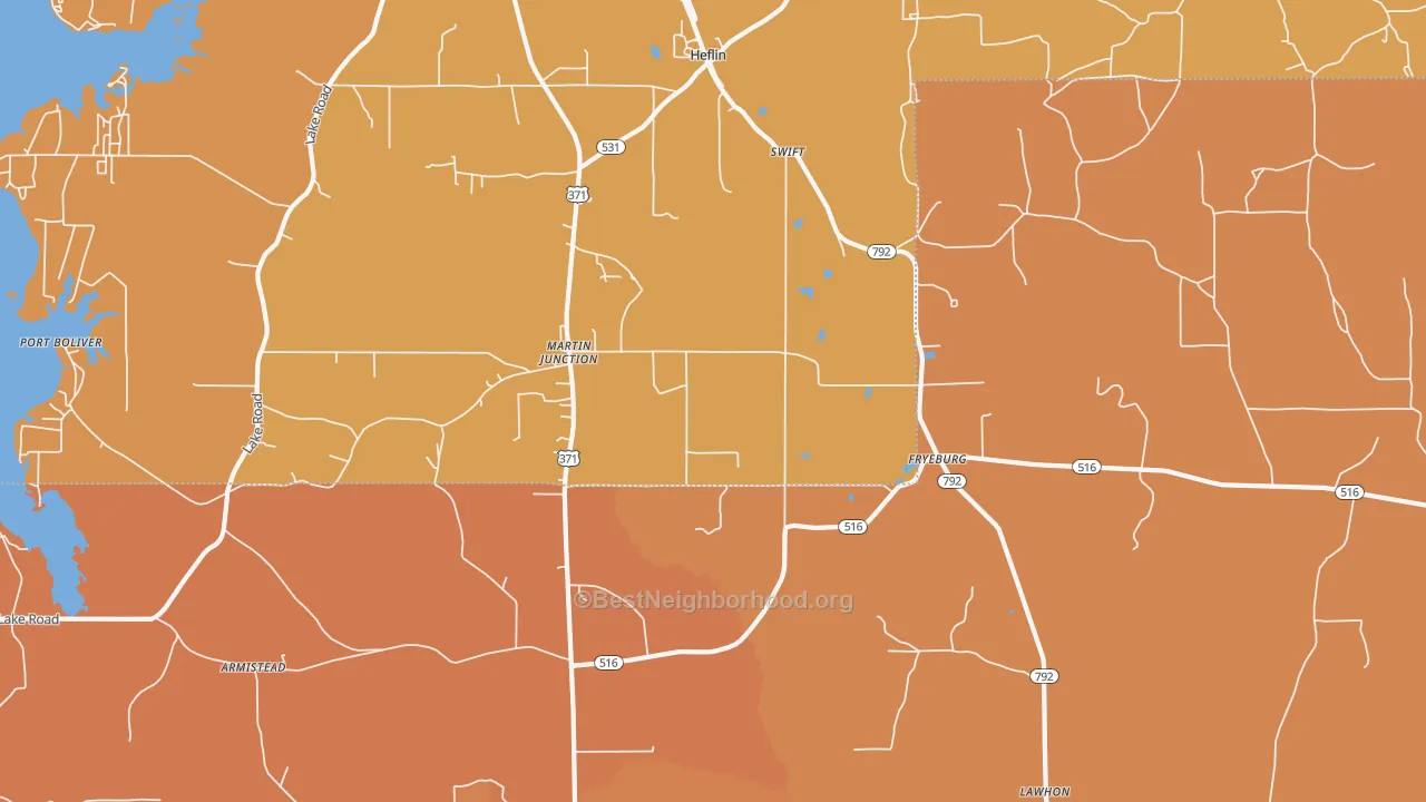 Map of the best neighborhoods in the Martin Junction area, with better matches in green and worse matches in red