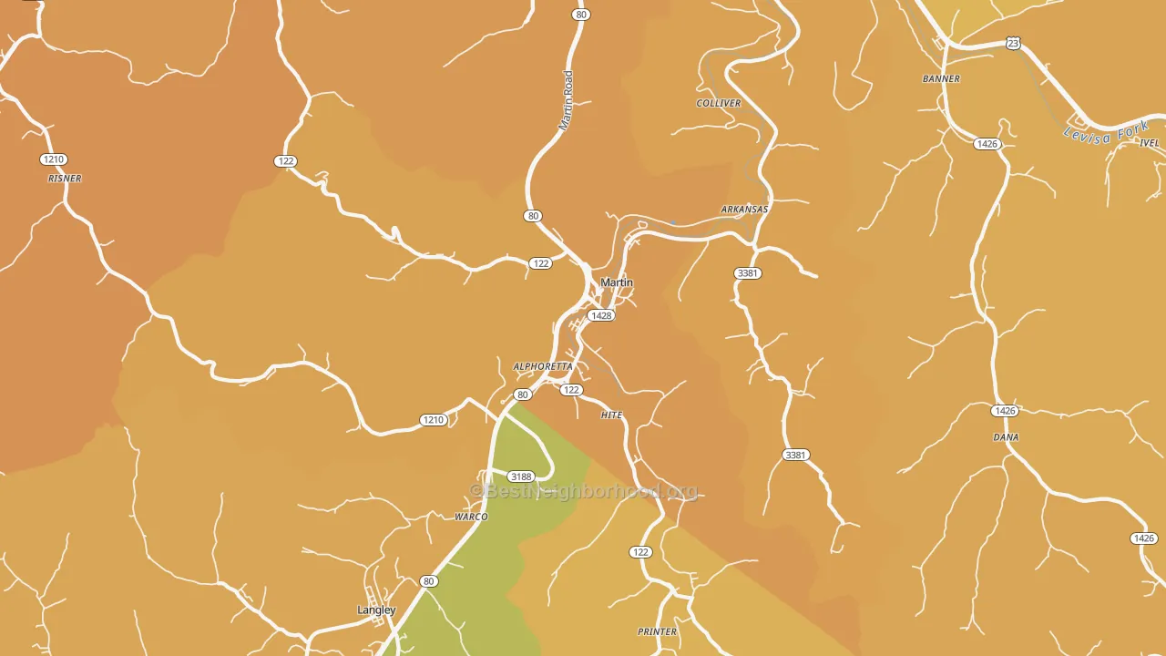 Map of the best neighborhoods in the Martin area, with better matches in green and worse matches in red