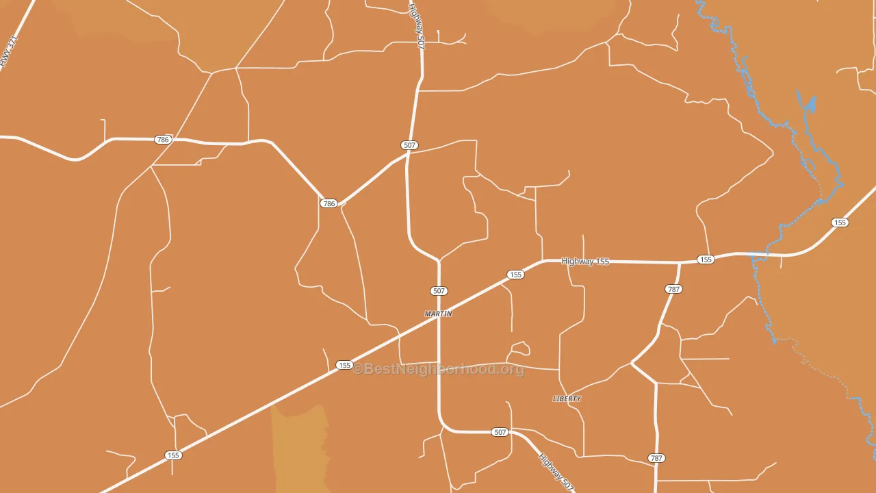 Map of the best neighborhoods in the Martin area, with better matches in green and worse matches in red