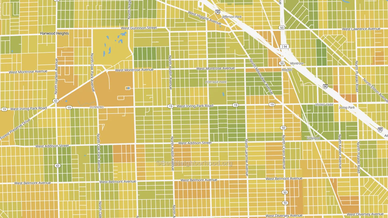 Map of the best neighborhoods in the Martin Luther, Chicago area, with better matches in green and worse matches in red