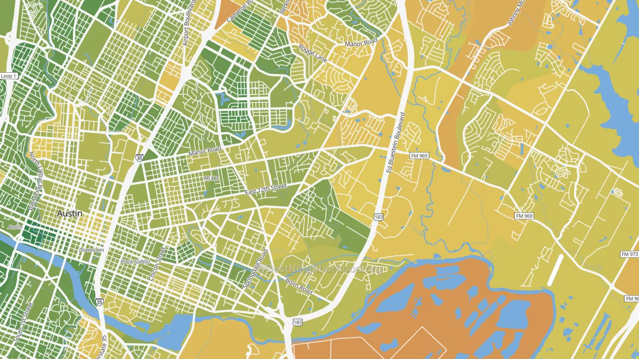 Map of the best neighborhoods in the Martin Luther King, Austin area, with better matches in green and worse matches in red