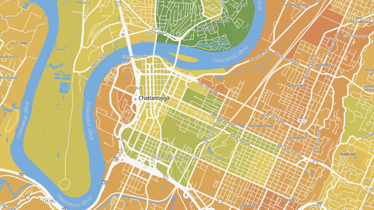 Map of the best neighborhoods in the Martin Luther King, Chattanooga area, with better matches in green and worse matches in red