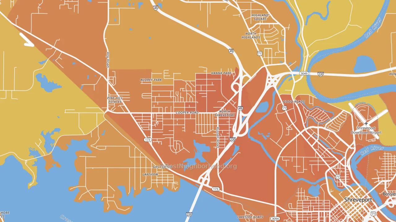 Map of the best neighborhoods in the Martin Luther King, Shreveport area, with better matches in green and worse matches in red