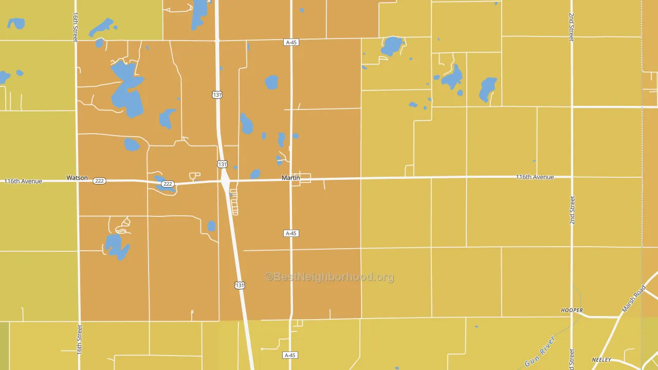 Map of the best neighborhoods in the Martin area, with better matches in green and worse matches in red