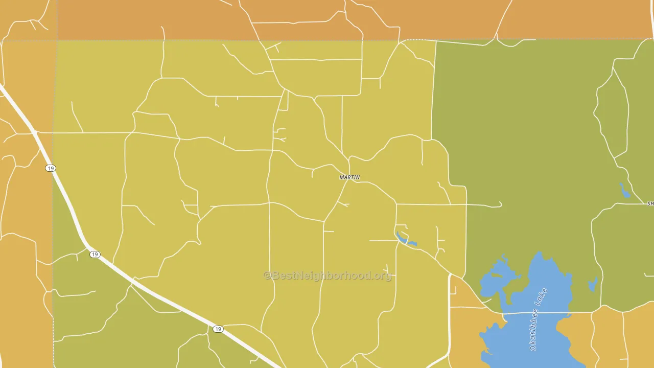 Map of the best neighborhoods in the Martin area, with better matches in green and worse matches in red