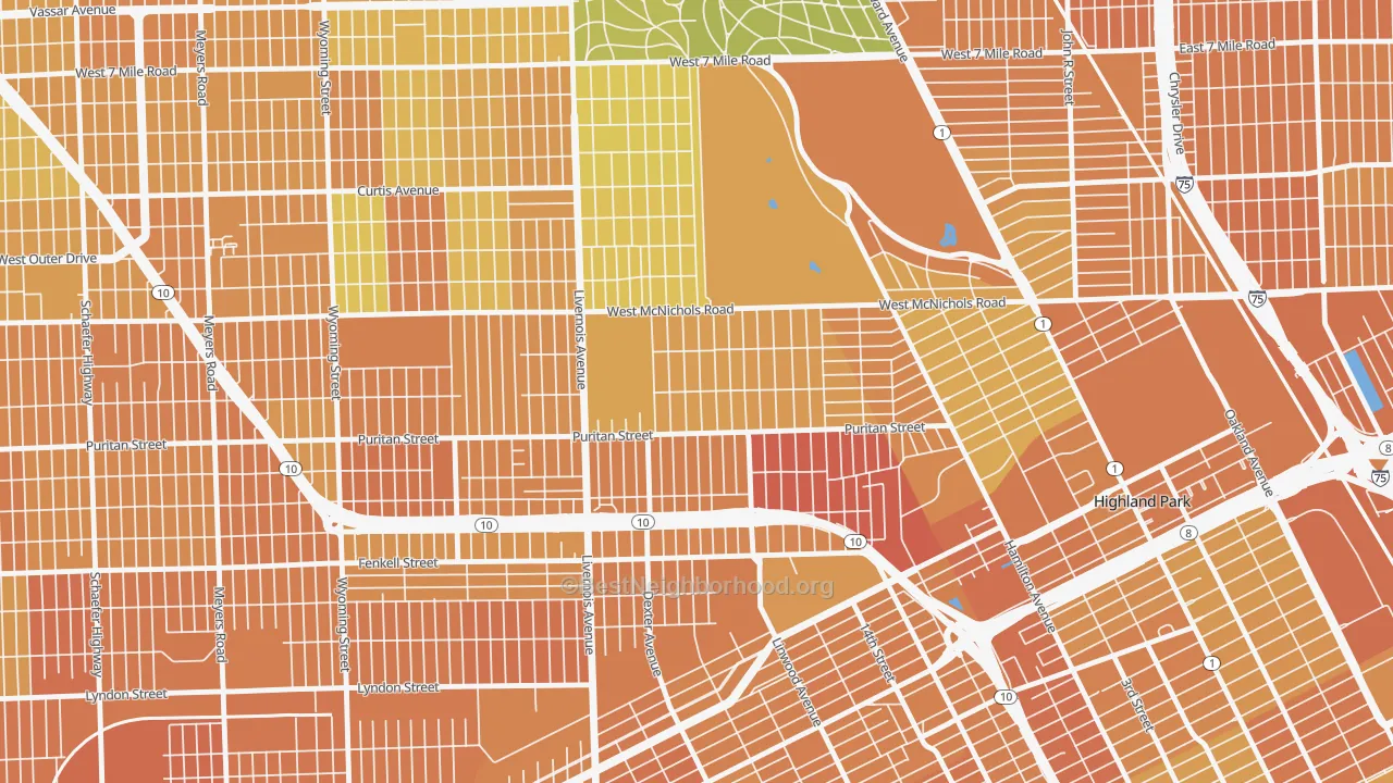 Map of the best neighborhoods in the Martin Park, Detroit area, with better matches in green and worse matches in red