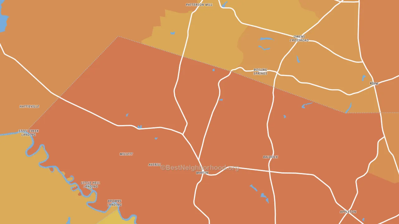 Map of the best neighborhoods in the Martin area, with better matches in green and worse matches in red