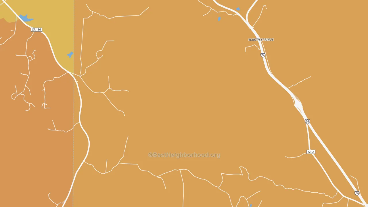 Map of the best neighborhoods in the Martin Springs area, with better matches in green and worse matches in red