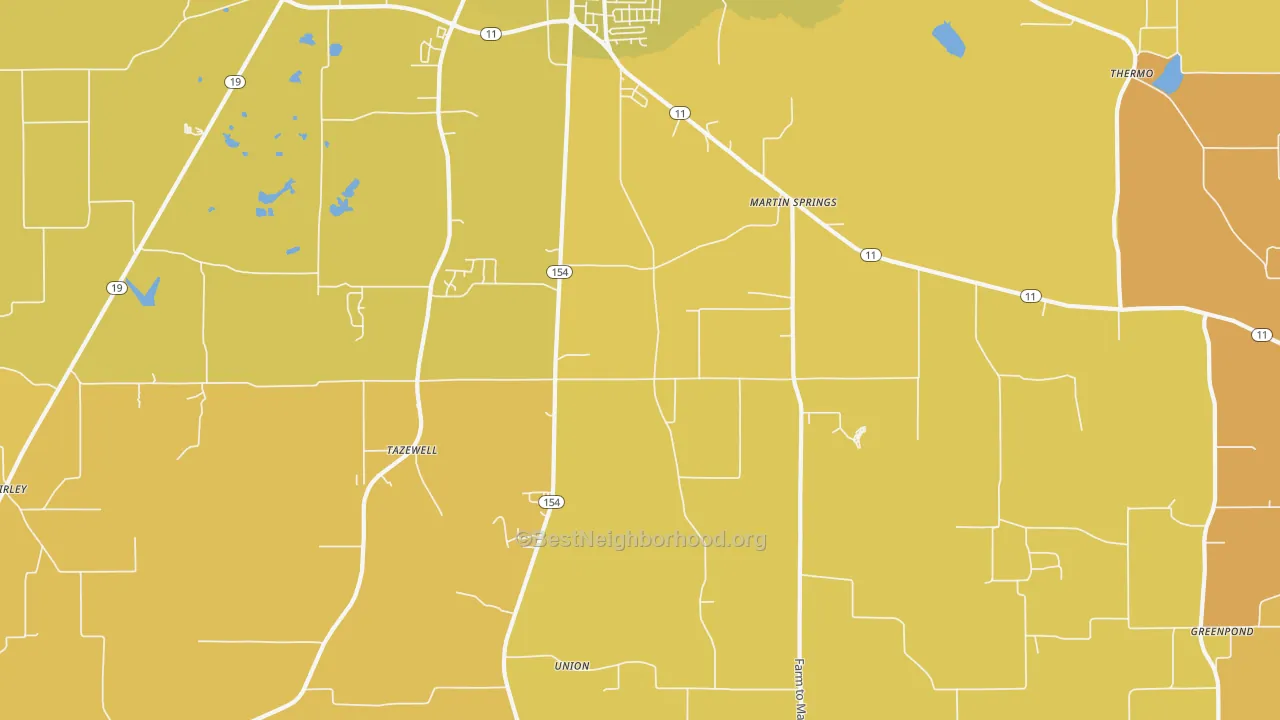 Map of the best neighborhoods in the Martin Springs area, with better matches in green and worse matches in red