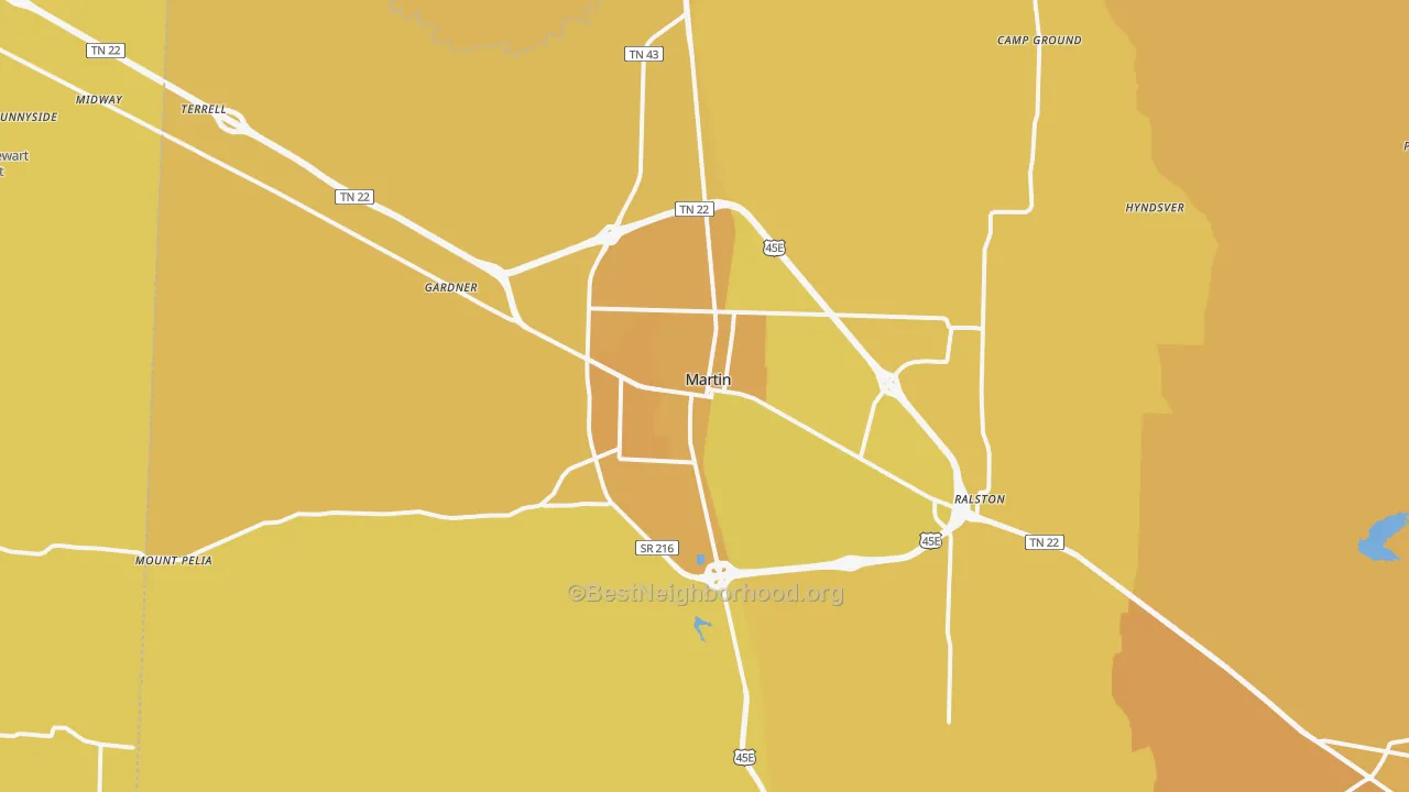 Map of the best neighborhoods in the Martin area, with better matches in green and worse matches in red