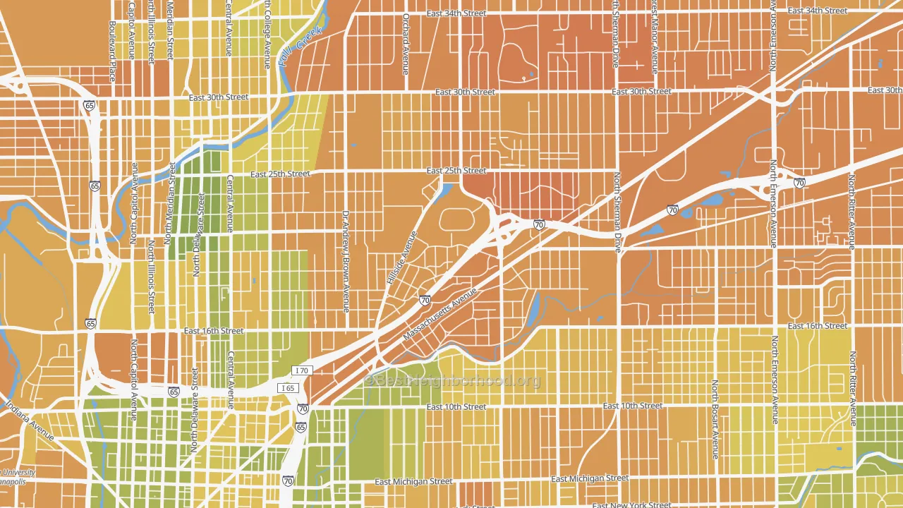 Map of the best neighborhoods in the Martindale-Brightwood, Indianapolis area, with better matches in green and worse matches in red