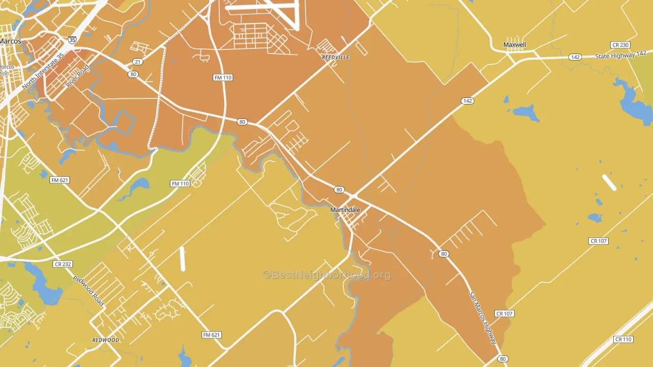 Map of the best neighborhoods in the Martindale area, with better matches in green and worse matches in red