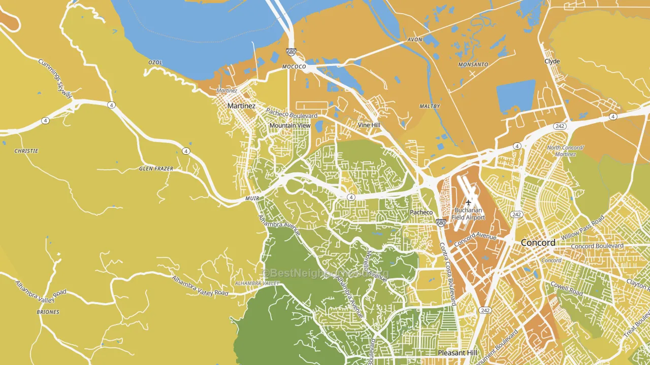 Map of the best neighborhoods in the Martinez area, with better matches in green and worse matches in red