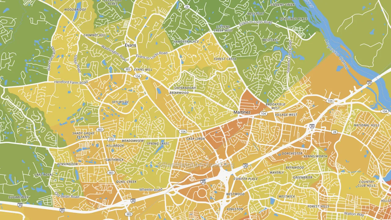 Map of the best neighborhoods in the Martinez area, with better matches in green and worse matches in red