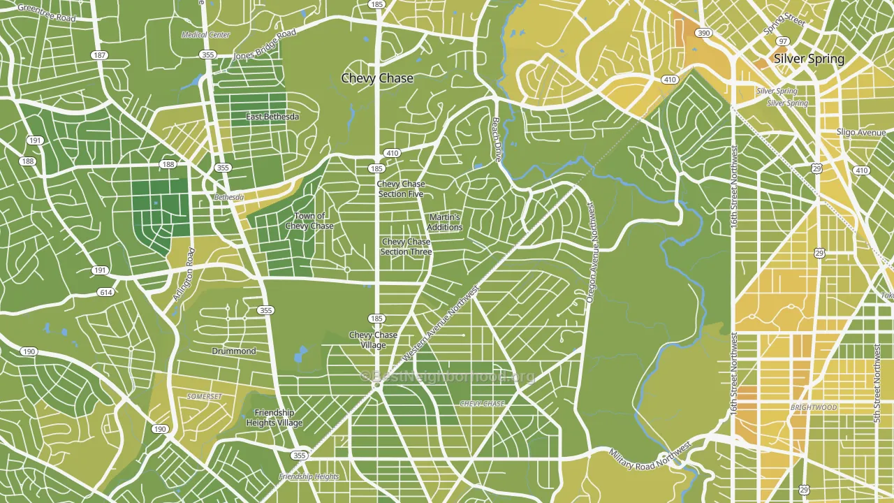 Map of the best neighborhoods in the Martins Additions area, with better matches in green and worse matches in red