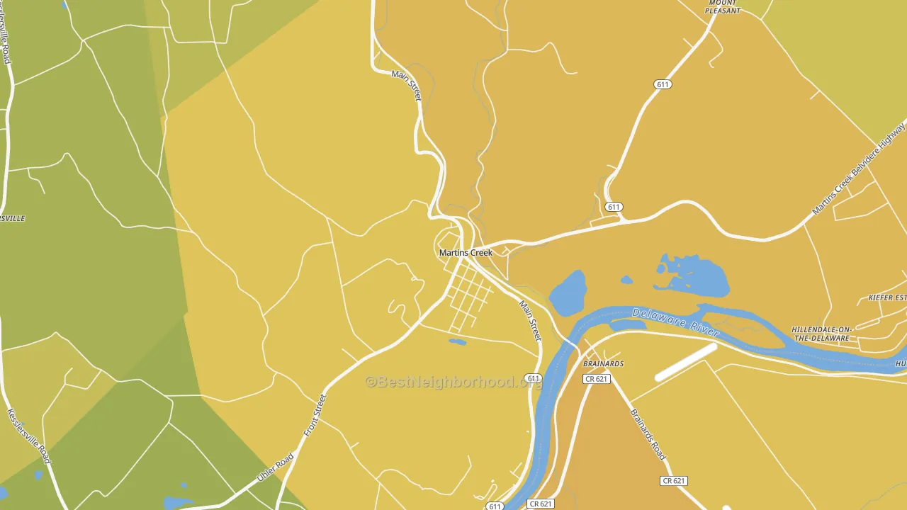 Map of the best neighborhoods in the Martins Creek area, with better matches in green and worse matches in red