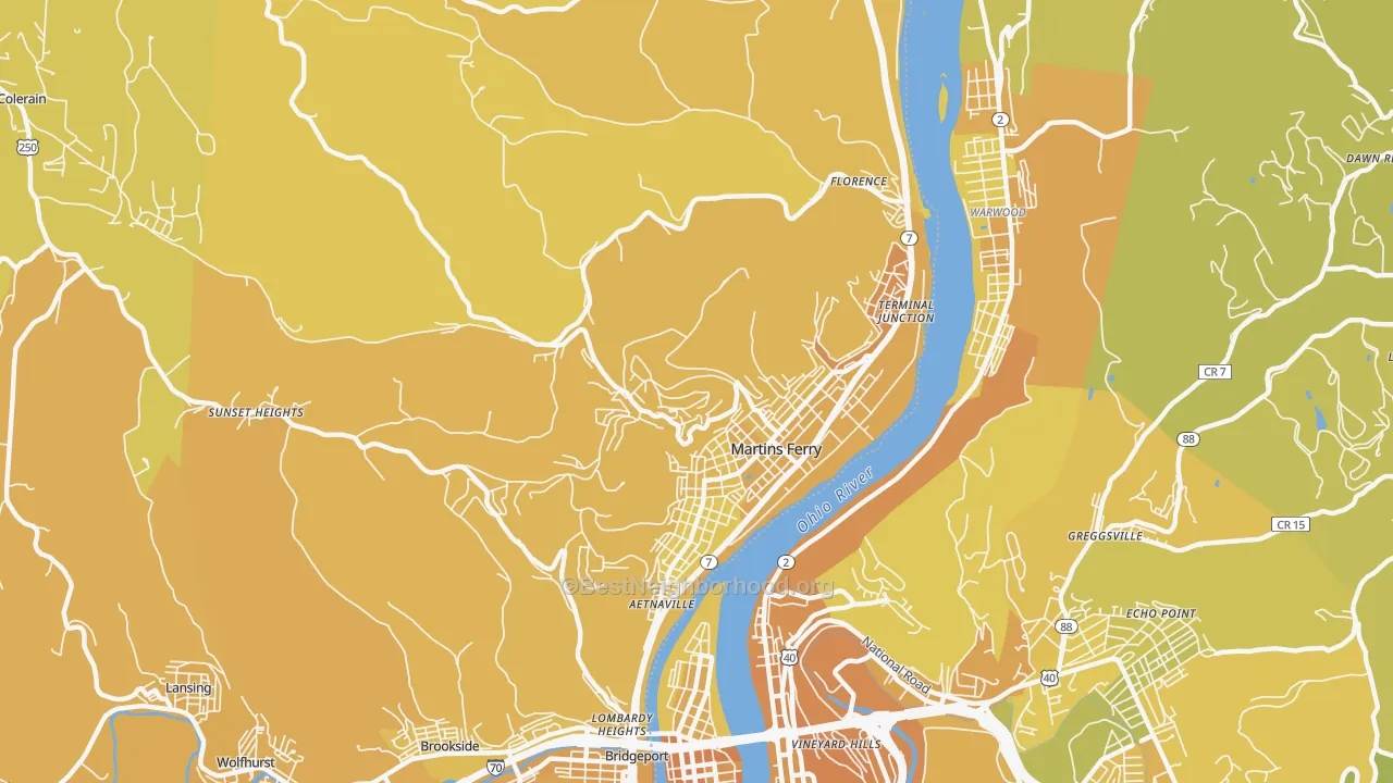 Map of the best neighborhoods in the Martins Ferry area, with better matches in green and worse matches in red