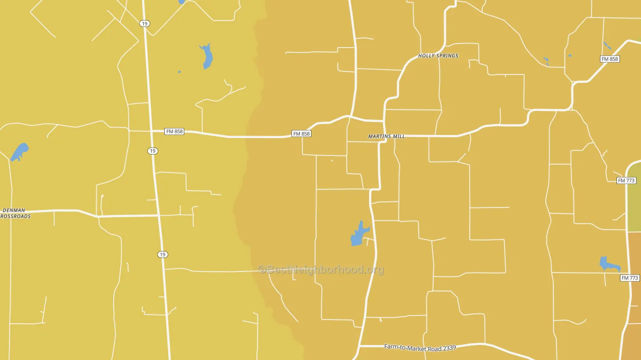 Map of the best neighborhoods in the Martins Mill area, with better matches in green and worse matches in red
